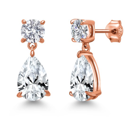 Gem Stone King 18K Rose Gold Plated Silver White Created Sapphire and Lab Grown Diamond Earrings for Women | 8.46 Cttw | Gemstone September Birthstone | Pear Shape 12X8MM