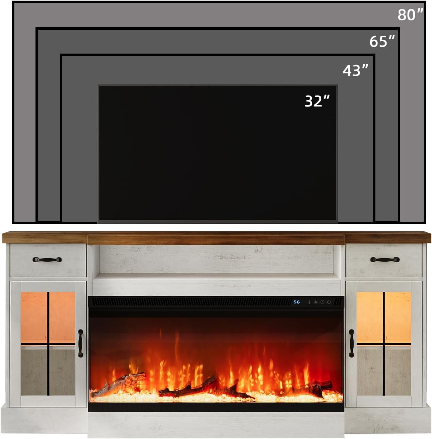 DreamCurship Fireplace TV Stand for TVs up to 80", Farmhouse TV Stand with Electric Fireplace, Glass Door Entertainment Center with Led Light, Media Console Table for Living Room, White