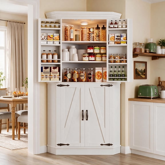 HiJob 71" Tall Corner Pantry Cabinet with Motion Sensor LED Light, Farmhouse Kitchen Storage Cabinet with 8 Tier Side Rack and Shelves, White
