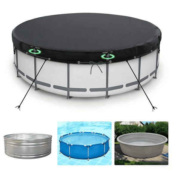 Limerenc 15Ft Round Pool Cover,Waterproof Round Pool Covers for Above Ground Pools with Ground Nails , Black