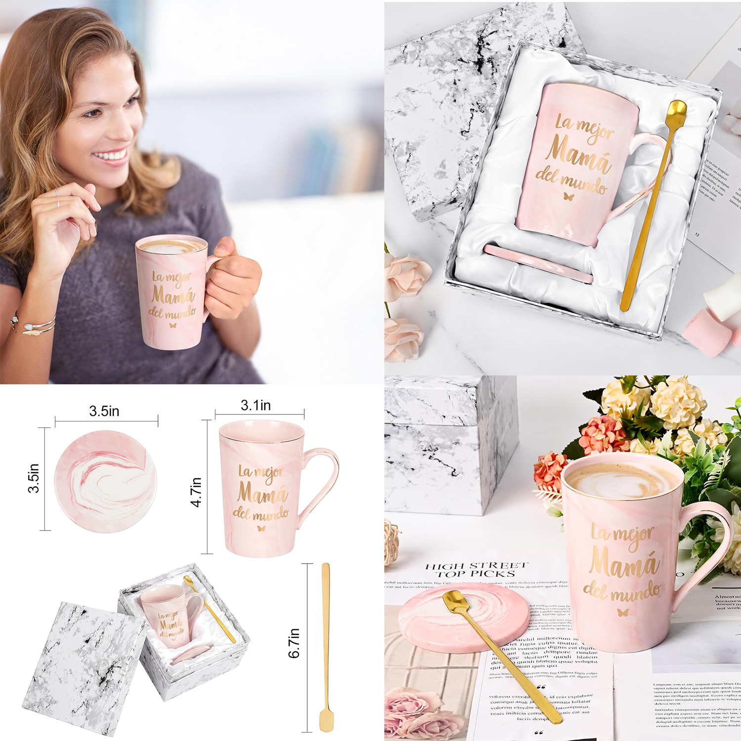 Gifts for Mother - La Mejor Mama Del Mundo Mugs, Mothers Day Gifts, Birthday Gifts, Christmas Gifts, Futtumy 14 fl oz Pink Marble Coffee Mugs Ceramic Mug Tea Cup
