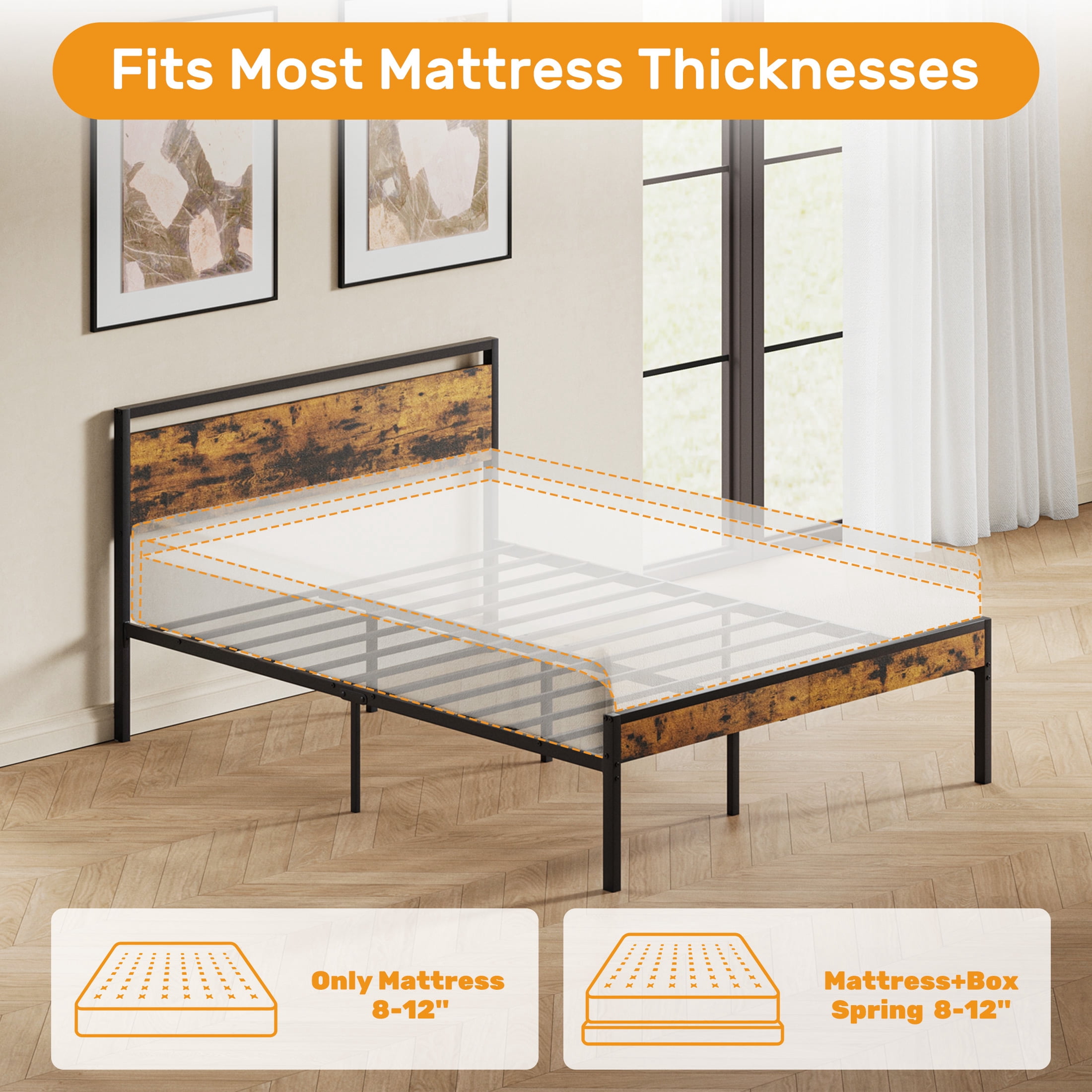 Gianna Heavy Duty Queen Size Metal Platform Bed, No Box Spring Required with Headboard and Footboard, Mattress Foundation, Rust
