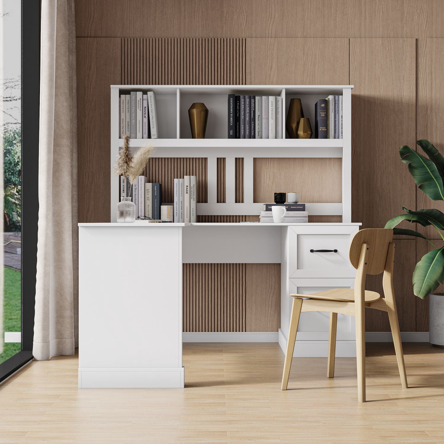 Computer Desk with Hutch, Home Office Desk with 2 Drawers and 2-Tier Open Shelf, MDF Workstation, 59.84 in Wide, White Finish