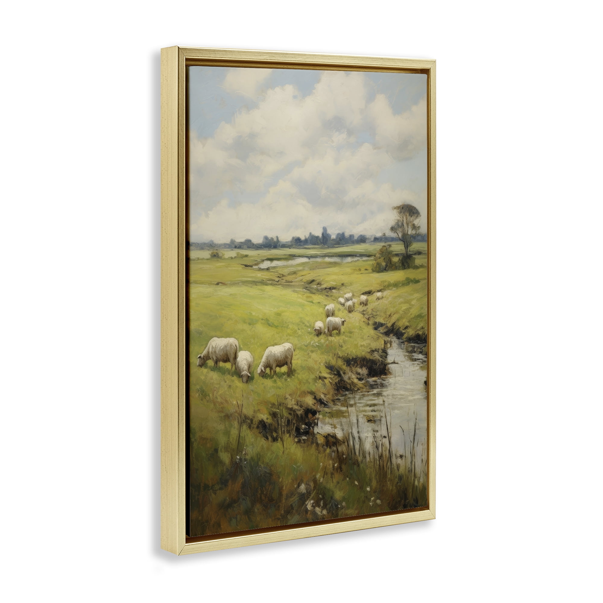 Stupell Industries Grazing Sheep Countryside Landscape Painting Gold Floater Framed Canvas Art Print Wall Art, 21 x 31