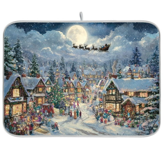 DEIARA Christmas Night View Kitchen Drying Mat Heat Resistant Drainage with Non-Slip Rubber Backing Hides Stains Super Absorbent Easy to Clean 18×24in