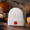 thumbnail image 6 of Fabrcox Halloween Cuffed Knit Beanie Hat for Adults and Teens, Unisex Soft Warm Beanie with Embroidered Pumpkin Pattern, Holiday Party Costume Accessories White, 6 of 8