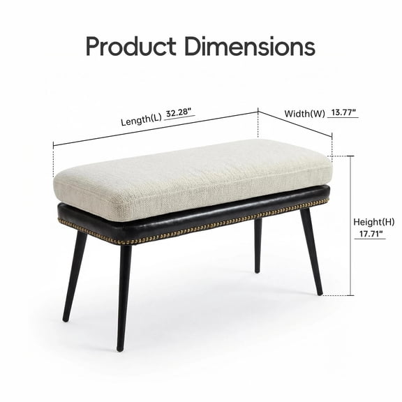 Retro Upholstered Entryway Bench With Cream Cushion, Black Leather Trim &