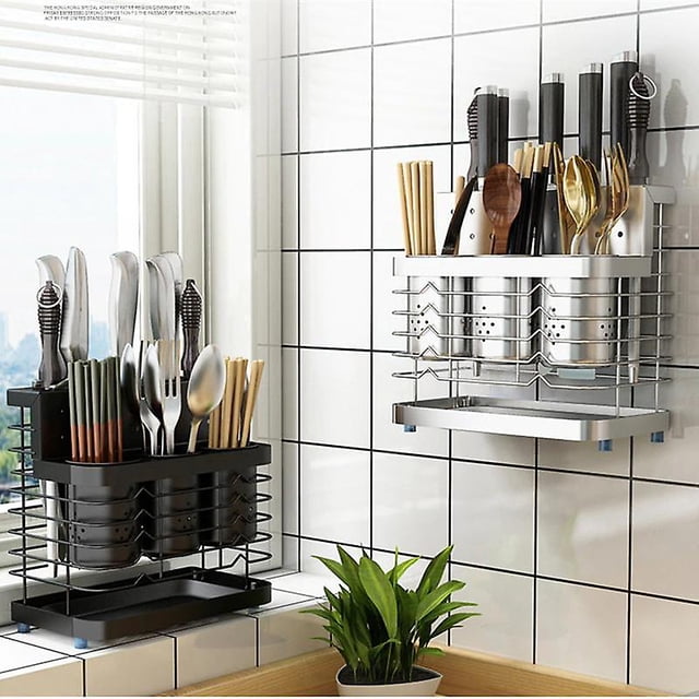 Estante de almacenamiento de cocina montado en la pared sin perforaciones de acero inoxidable soporte para cuchillos caja de cubiertos ShuxiuWang 8390605826146