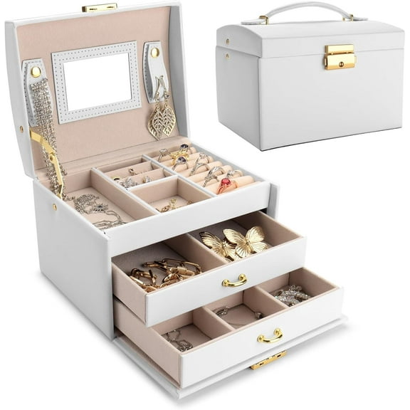 RUseeN Jewelry Box with Mirror for Women, Removable Jewelry Tray, 3 Layer Large Jewelry Boxe for Necklaces Rings Earrings Bracelets Christmas Gift - White