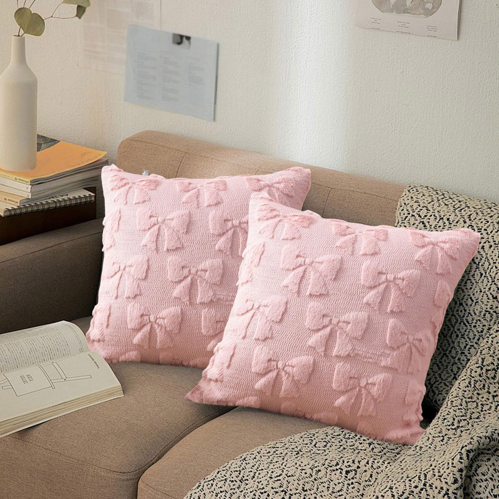4PCS Pink Bow Throw Pillow Covers - 18 Inch Decorative Pillow Covers, Soft Plush Fluffy Bowknot Couch Pillows for Bedroom Living Room Sofa Decor