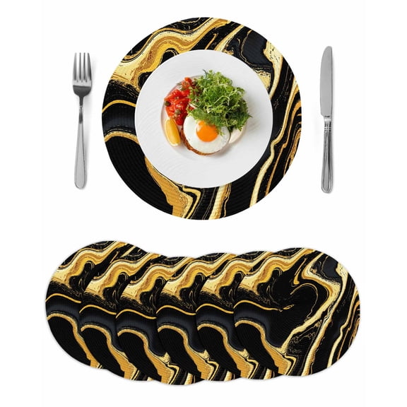 Black Gold Marble Round Placemats Set of 6 for Dinning Tables,Heat-proof Braided Table Mats 13 Inch,Modern Geometric Textured Washable Place Mat for Kitchen Restaurant Party Decor Table Setting