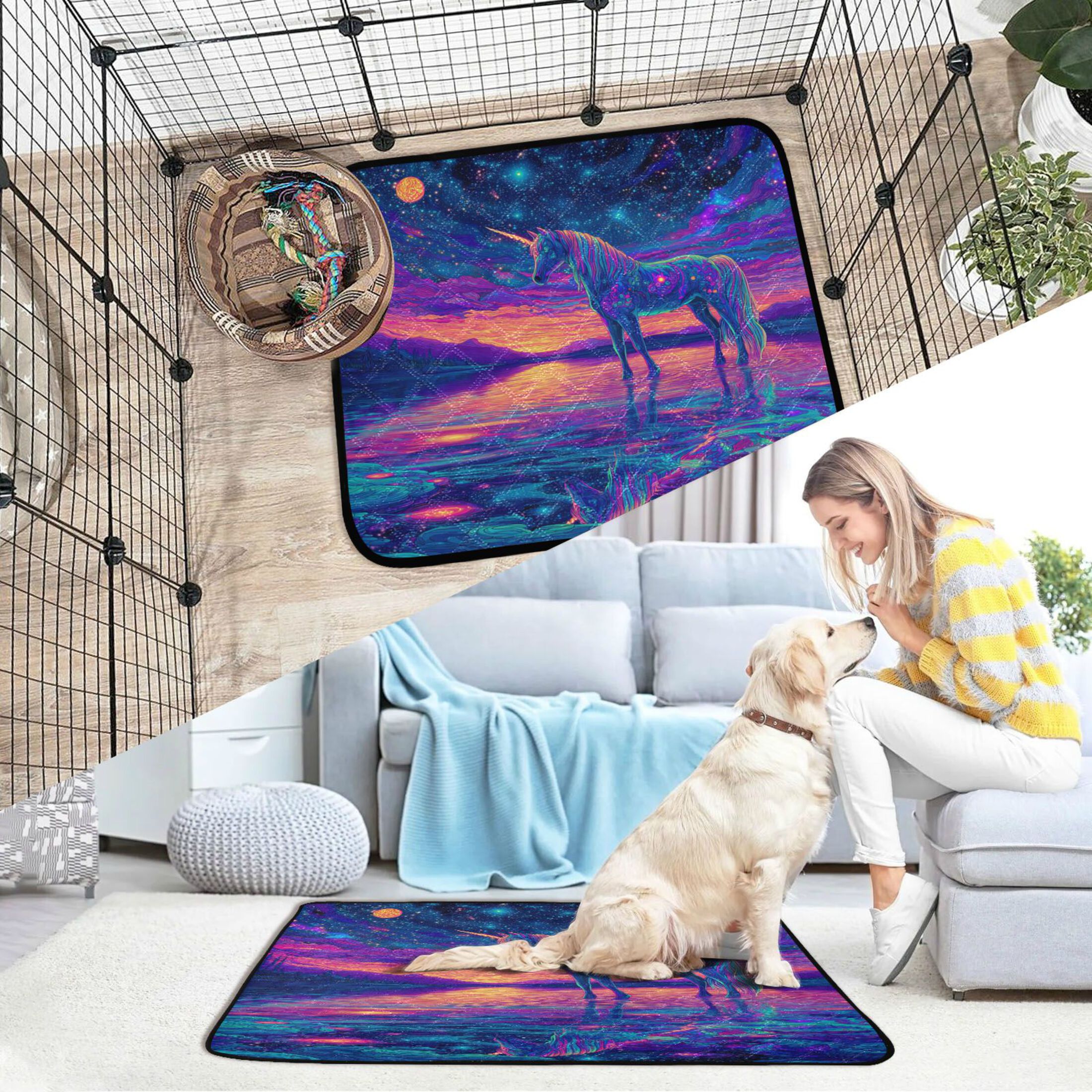 Qxltty Unicorn Horse Cat litter Pads Pet Set of 2 Diaper Mats Center Anti-leakage Layer Absorbent Soft and Comfortable