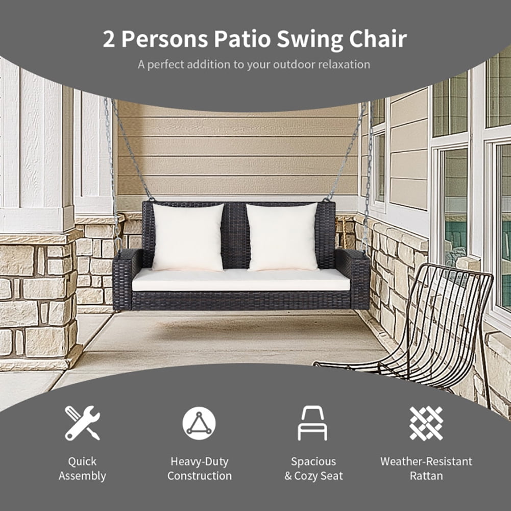Aimee Lii 2-Person Patio Rattan Porch Swing with Cushions, Outdoor Patio Furniture, White Aimee Lii 2-Person Patio Rattan Porch Swing with Cushions, Outdoor Patio Furniture, White