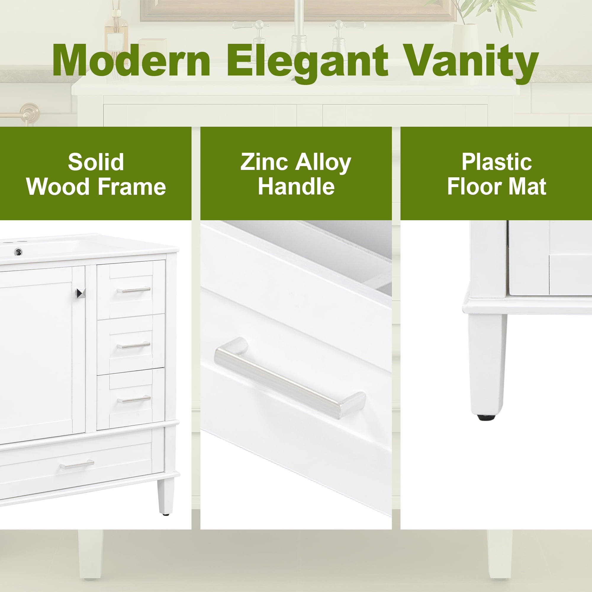 Euroco 30" Bathroom Vanity, Modern Bathroom Cabinet with Sink Combo Set, Bathroom Storage Cabinet with 1 Soft-Closing Door and 3 Soft-Closing Drawers, Solid Wood Frame (White)