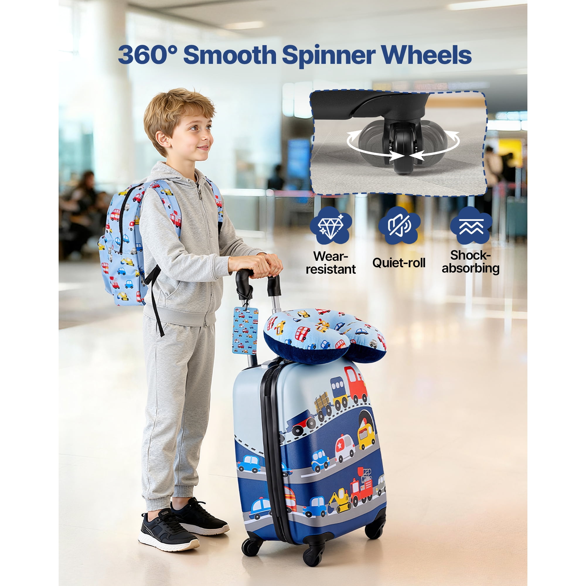 KFFKFF 5-Piece Kids Luggage Set, 18-Inch Rolling Suitcase with Backpack & U-Shape Pillow, Hardshell Carry-On for Children, Travel Gift for Boys and Girls, Airline Compatible