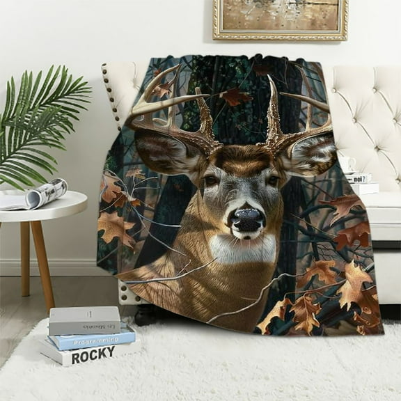 Nawypu Camo Buck Deer Blanket for Bed " Woodland Throw Blanket for Men, Women and Kids Super Soft Plush Deer Blanket Throw, Animal Print Blanket, Blanket for Kids