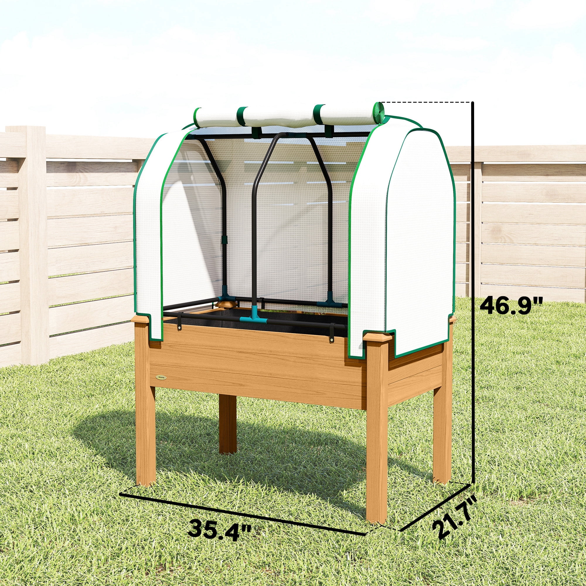 Outsunny Raised Garden Bed with PE Greenhouse Cover Outdoor Elevated Wood Planter Box for Herbs, Vegetables, for Patio, Backyard, Balcony, Sand