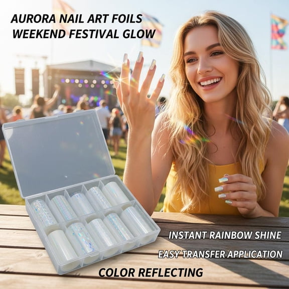 Nail Foil Transfer Stickers Set, 10 Holographic Patterns for DIY Manicure, Salon Quality Nail Art with Storage Box