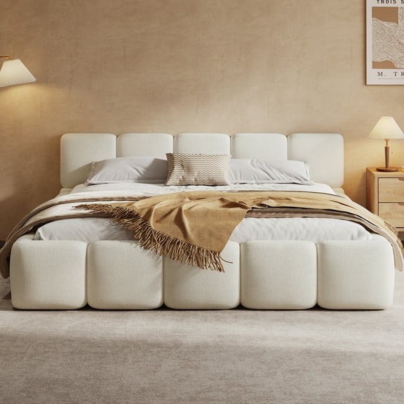 Christopher Knight Home 92.5" California King Size Bed Frame, Thick Headboard Footboard, Block Style, White Boucle Upholstery