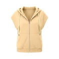 thumbnail image 7 of Women's Plus Size Cap Sleeve Hoodie Summer Loose Casual Zip Up Drawstring Tops with Pockets Beige, 7 of 7