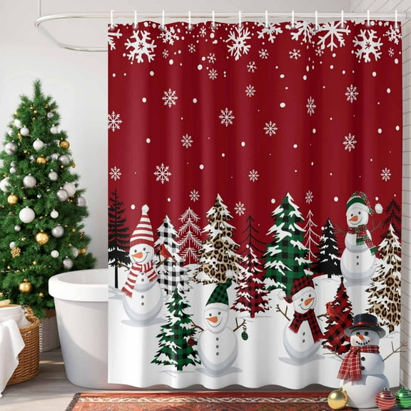 Christmas Shower Curtain, 36" x 72", Snowman Checked Xmas Tree Snowflake Red Waterproof Bathroom Curtain Washable Shower Curtain Set with 12 Hooks