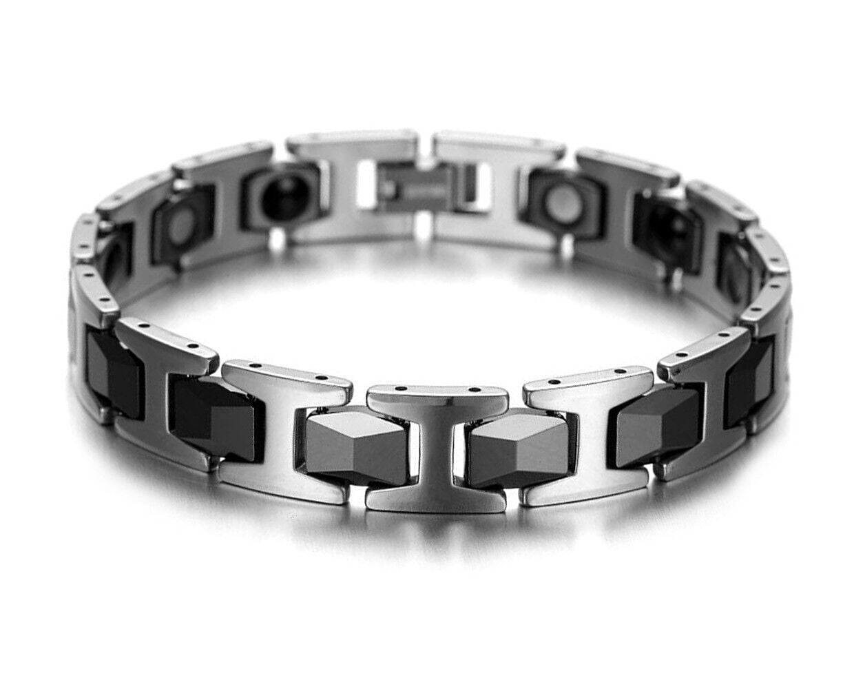 8.0" Mens Silver & Black Two-Tone Faceted Magnetic Tungsten Bracelet + Fancy Box