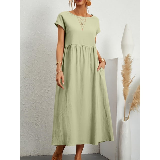 Lindbes Robe Maxi Élégante Unie pour Femmes Été à Manches Courtes Col Rond Vintage Harajuku Coton Lin Ample Robe d'Été Y2K avec Poches Longue Robe