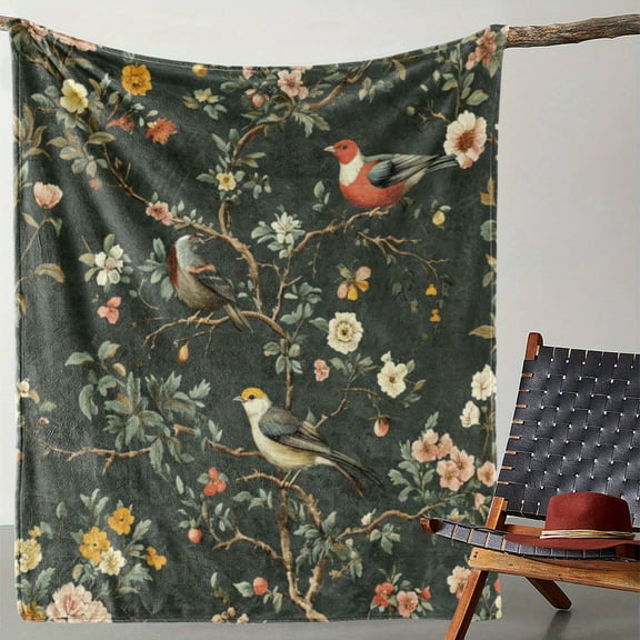 Cozy Floral & Bird Print Flannel Throw Blanket - Soft, Warm, and Versatile for Couch, Bed, Car, Office, Camping, and Travel - Perfect All-Season Gift