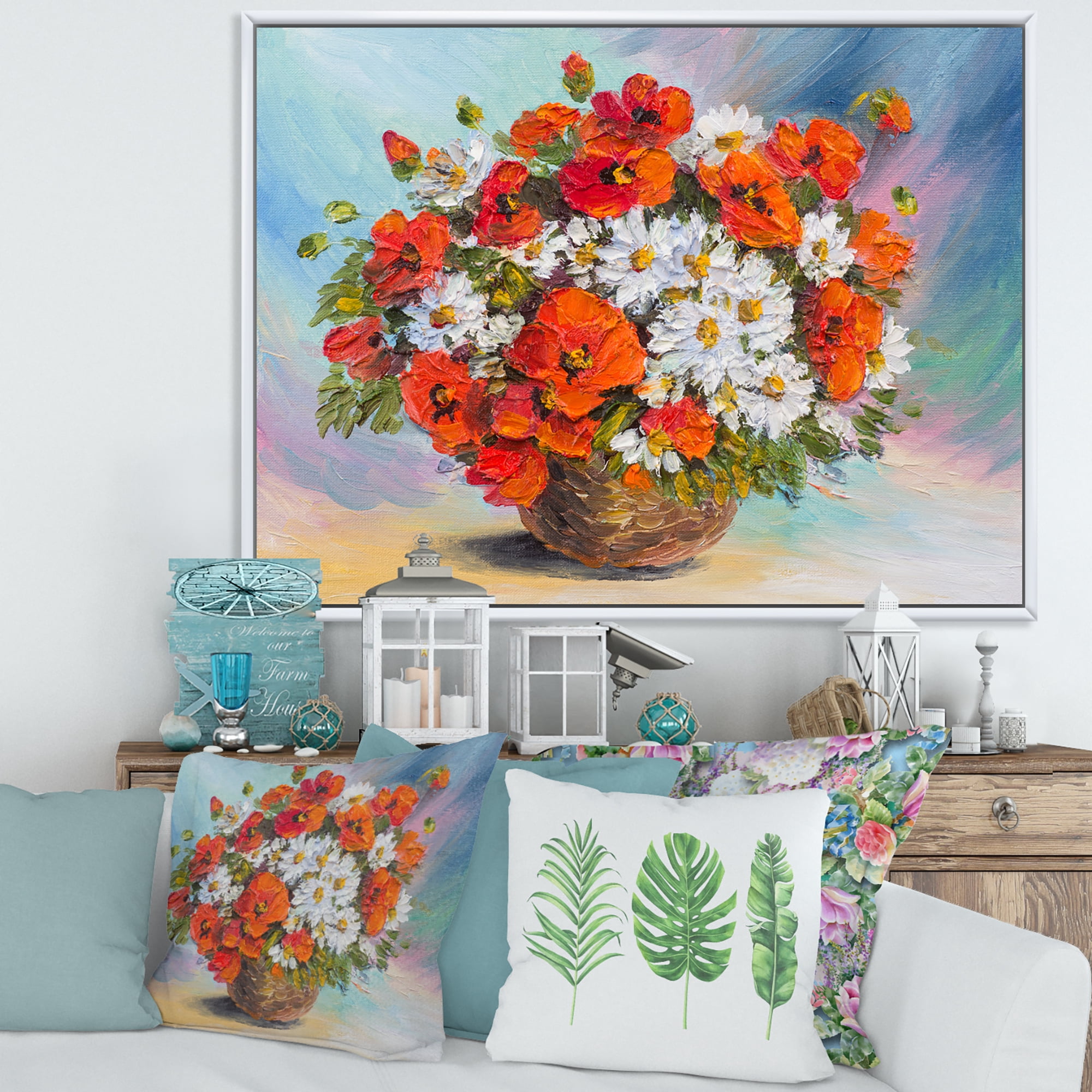 Still Life Bouquet Of Daisies and Poppies 32 in x 16 in Framed Painting Canvas Art Print, by Designart