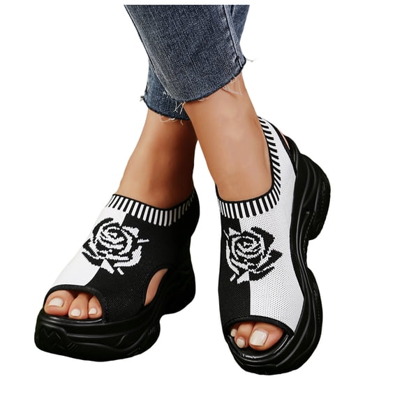Rokment Vintage Flower Mesh Platform Wedge Walking Sandals for Women 2026 Summer Retro Comfortable Casual Elastic Knit Opent Toe Memory Foam Cushioned High Heels Dress Shoes Beige Size 6.5