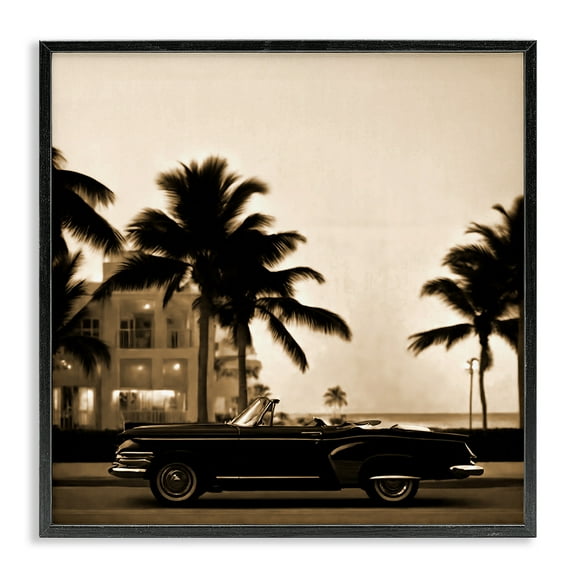 Stupell Industries Classic Black Car & Palms Transportation Painting Black Framed Art Print Wall Art, 12 x 12