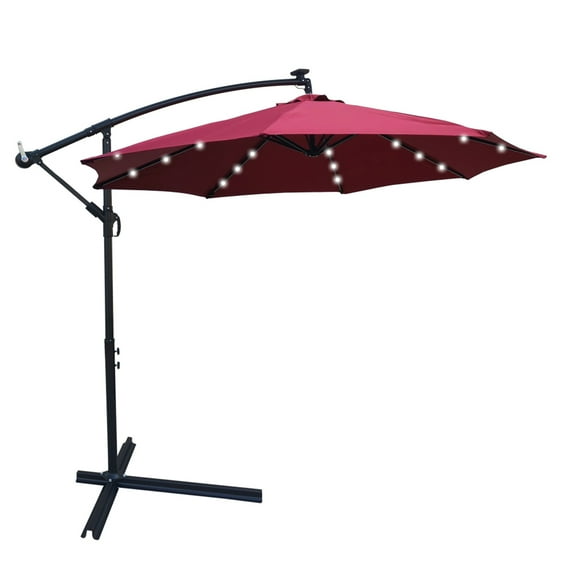 10ft Large Outdoor UV Protection Umbrella, Patio Offset Hanging Umbrella with Solar Panel, 24 LED Bulbs, Cross & Crank Base, LED Lighted Patio Umbrella for Yard Garden Poolside Deck, Burgundy, D102