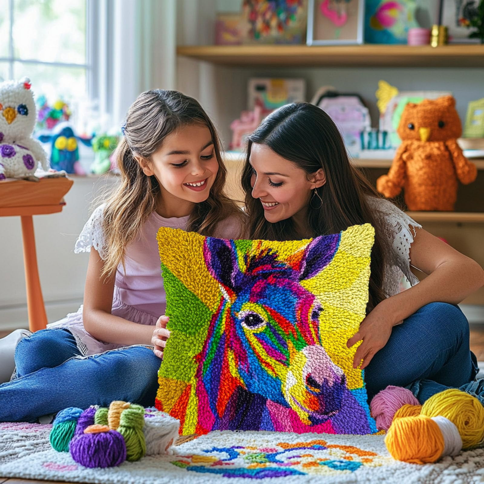 Colorful Donkey DIY Latch Hook Pillow Kits for Adults Printed Pillowcase Crochet Yarns Hooking Handmade Pillow Cover Cushion for Home Sofa Decoration 17x17inch