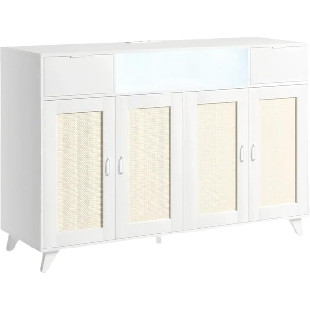 Rattan Sideboard Buffet Cabinet With LED Lights, 2 Drawers 2 Doors Storage Cabinet, Modern Console Table With Power Outlet & Adjustable Shelves, for Dining Room, Kitchen, Living Room