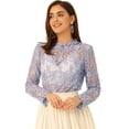 thumbnail image 1 of Blusa elegante floral con cuello de volantes y volantes de encaje de ganchillo para mujer Azules Grises S, 1 of 5