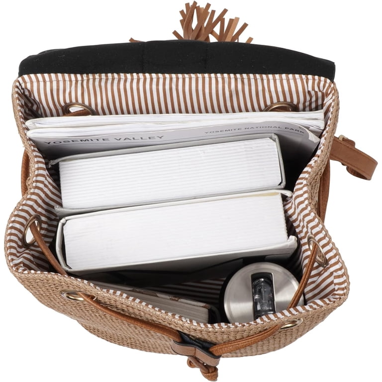 Women Small Braid Tassels Straw Woven Backpack PU Leather  display picture 3