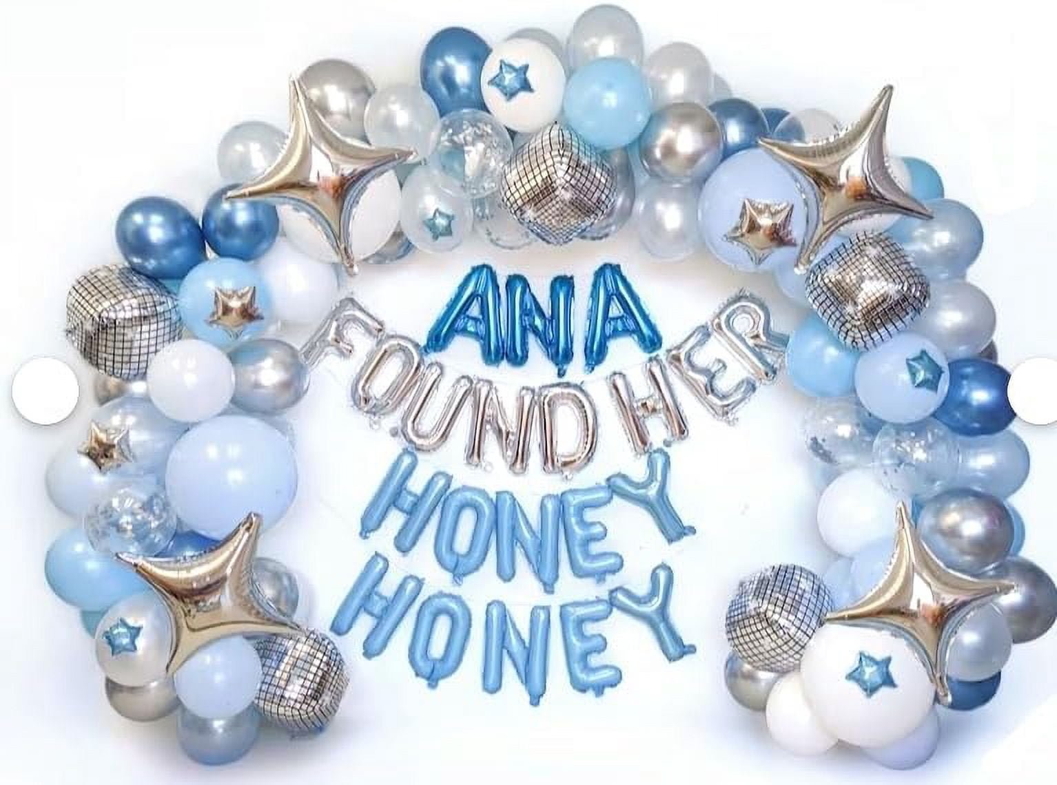 Blue Balloon Arch kit, and White Garland with 22 Inch Disco Ball Balloons Metallic Silver Star Foil Balloons, Confetti for 80s Party Decoration