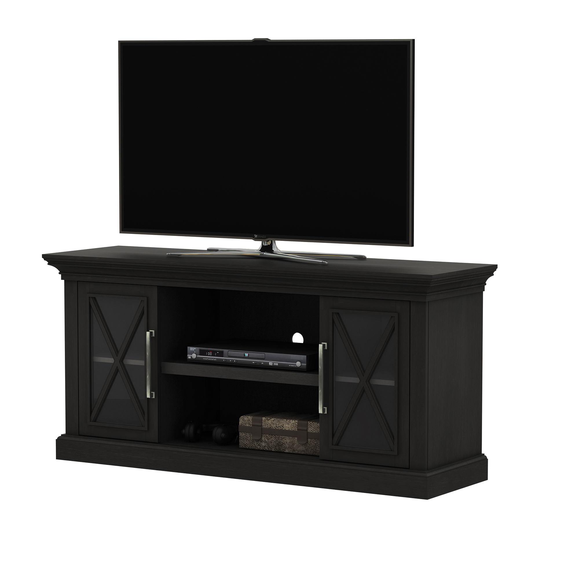 Luxe Society Hill TV Stand for TVs up to 65 inches Screen Size with Two Side Cabinets and Open Center Shelves in York Black