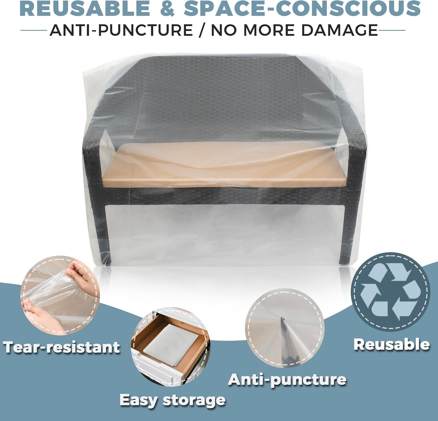 2-Pack Patio Loveseat Bench Cover, Heavy-Duty Clear Plastic Waterproof Outdoor Furniture Covers, Extra-Thick 58" x 28" x 52.5", Reusable Garden Sofa Protection