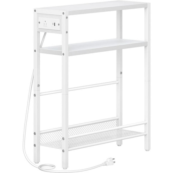 Small Narrow Side Table with Charging Station, Skinny End Table for Small Spaces, Slim Nightstand with USB Ports Outlet, Sofa Beside Table with Storage Shelf, White WT102UBZ01