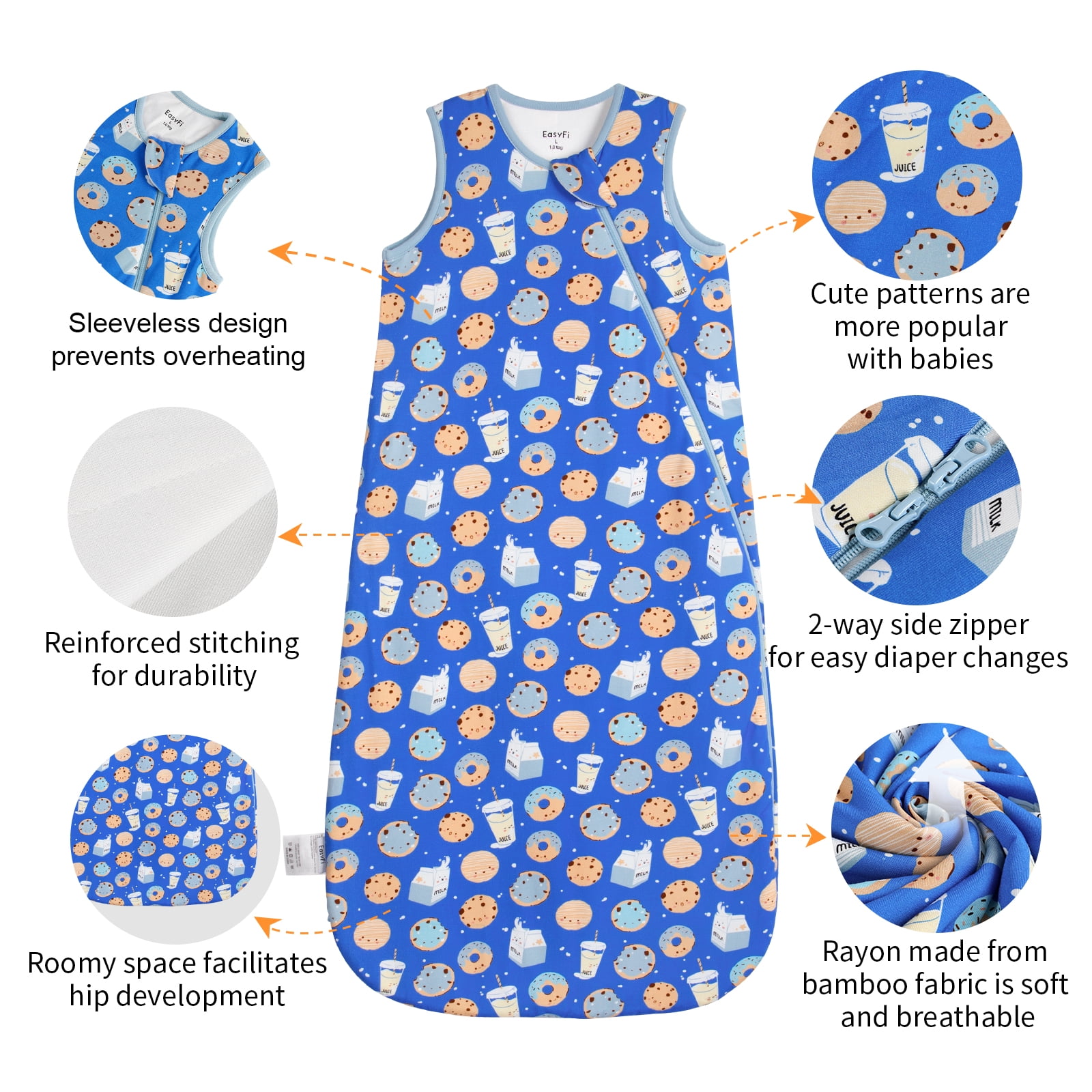 All-year-around Cute Baby Sleep Sack 12-18 Months Rayon Made from Bamboo Sleeping Bag 1.0 Tog Premium 2-Way Zipper Baby Wearable Blanket - Blue Dessert
