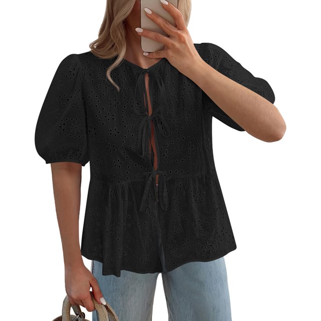Blusa KIRUNDO para mujer con lazo en la parte delantera y encaje bordado