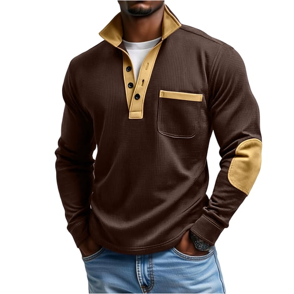 OIOLOYJM Waffle Shirts for Men Casual Henley Polo Shirts Long Sleeve Knitted Basic T Shirts Thermal Soft Warm Button Pullover Tops Coffee L