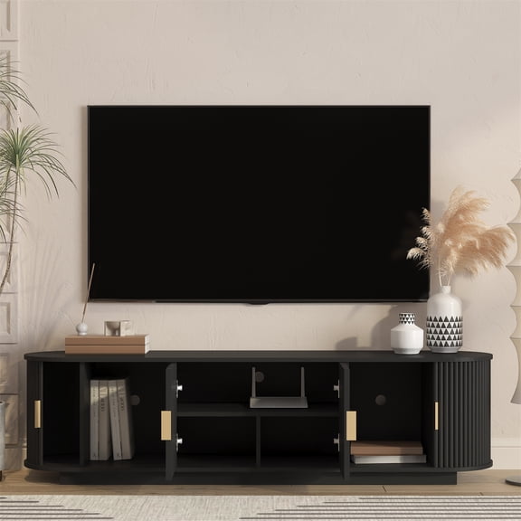 SESSLIFE 67" Fluted TV Stand for TVs up to 75", Modern Entertainment Center with Storage Cabinet and Sliding Tambour Doors, Curved Media Console for Living Room, Black