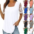 thumbnail image 2 of Blusas para mujer moda 2023 Casual cuello cuadrado Color sólido encaje Patchwork plisado blusa manga corta camisas de verano, 2 of 5