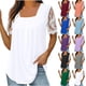 thumbnail image 2 of Blusas para mujer moda 2023 Casual cuello cuadrado Color sólido encaje Patchwork plisado blusa manga corta camisas de verano, 2 of 5