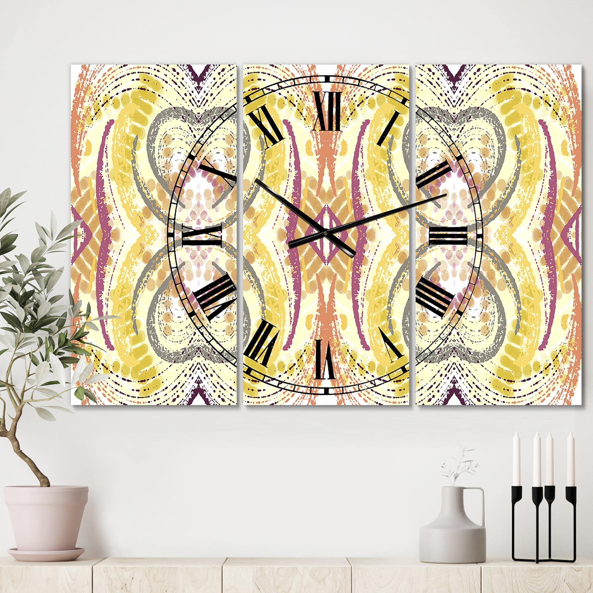 Designart 'Yellow And Purple Heart Pattern' Oversized Mid-Century Wall Clock