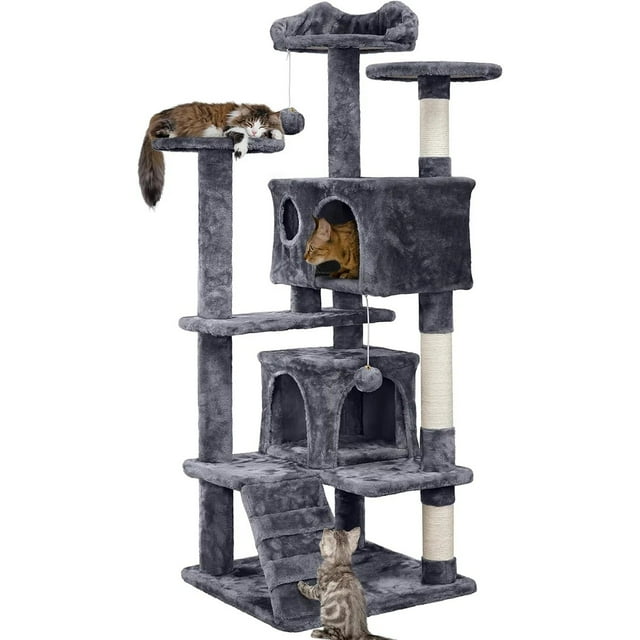 BestHome Multi-Level Cat Tree & Condo – Sturdy Climbing Tower with Sisal Scratching Posts & Interactive Toys, 54inch, Gray