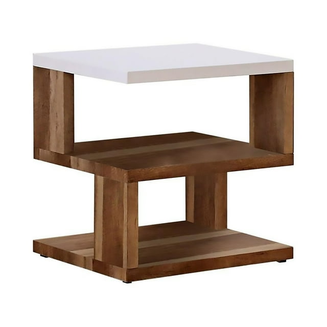 Benjara Table d'Appoint avec Étagères à 2 Niveaux et Pieds de Panneau, Marron et Blanc