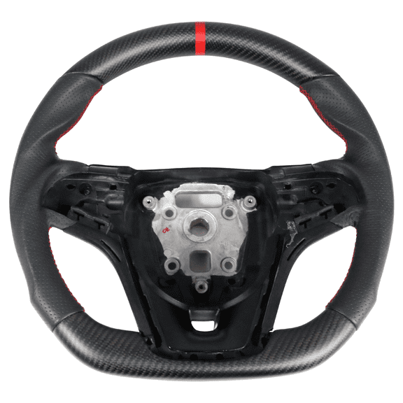 Ikon Motorsports Compatible with 12-15 Chevy Camaro MCF & Perforated Leather Steering Wheel With Red Stitching & Indicator